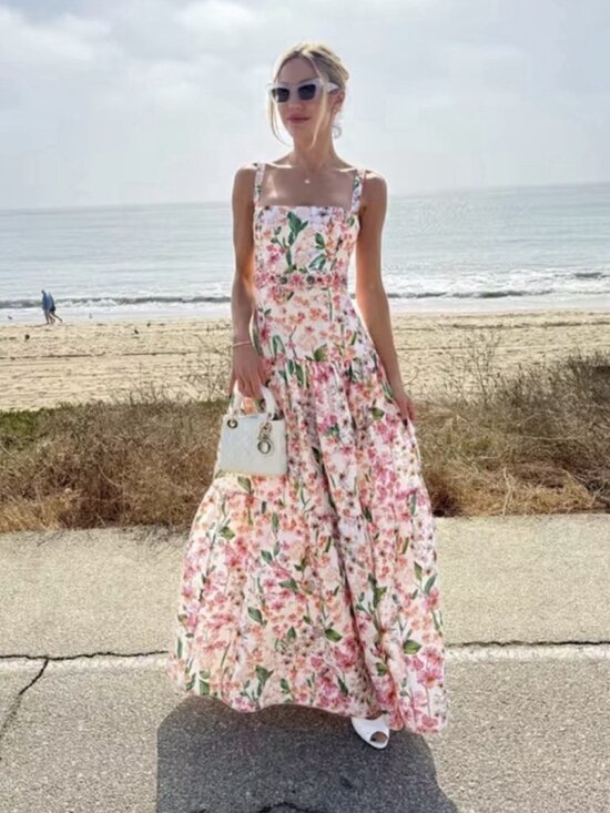 Agua by Agua Bendita Dresses & Skirts - Agua by Agua Bendita Classic Square-Neck Pink Floral Print Maxi Dress